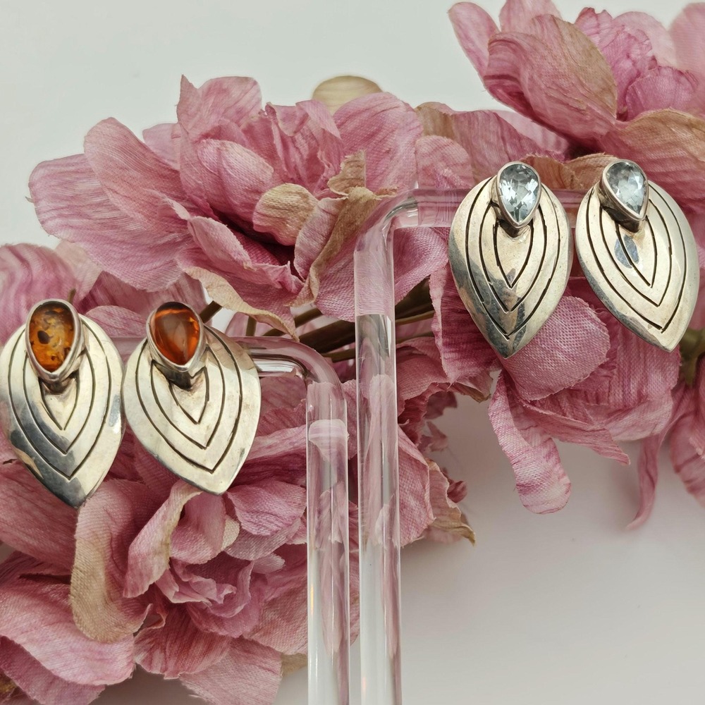 Handmade Artisan Sterling Silver Earrings Women OS Blue Topaz Amber Art Deco